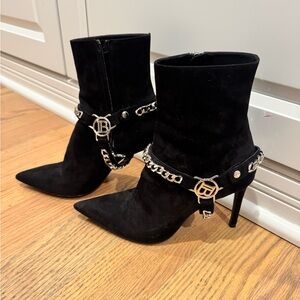 Balmain Black Suede Pointed Toe Chain-Ankle Stiletto Boots
